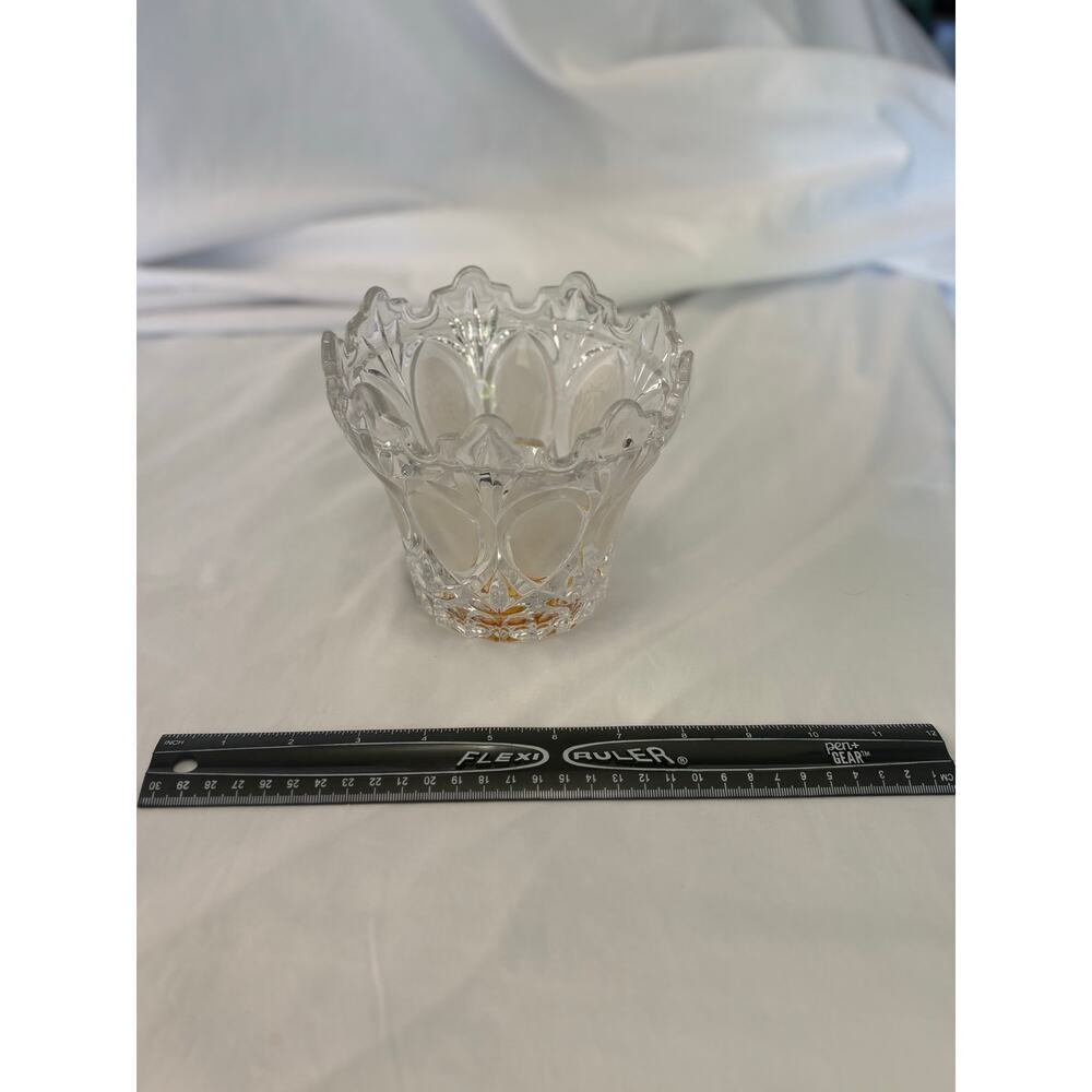 Vintage Clear Glass Scalloped Bowl Frosted Ovals Amber Stained Base Diamond Cut